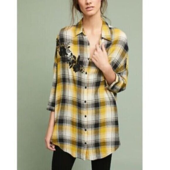 Anthropologie (XS/S) Maeve Checkered All Day Wear Yellow & Black Oversized Shirt - Picture 1 of 8